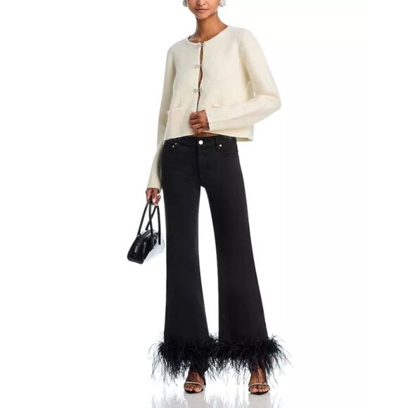 Alice + Olivia Roxie Feather Trim Flared Black Jeans 28 NWT - Picture 2 of 13